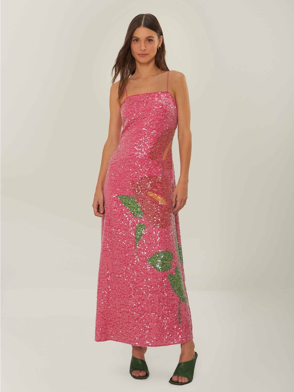 Pink Anthurium Flowers Slip Maxi Dress